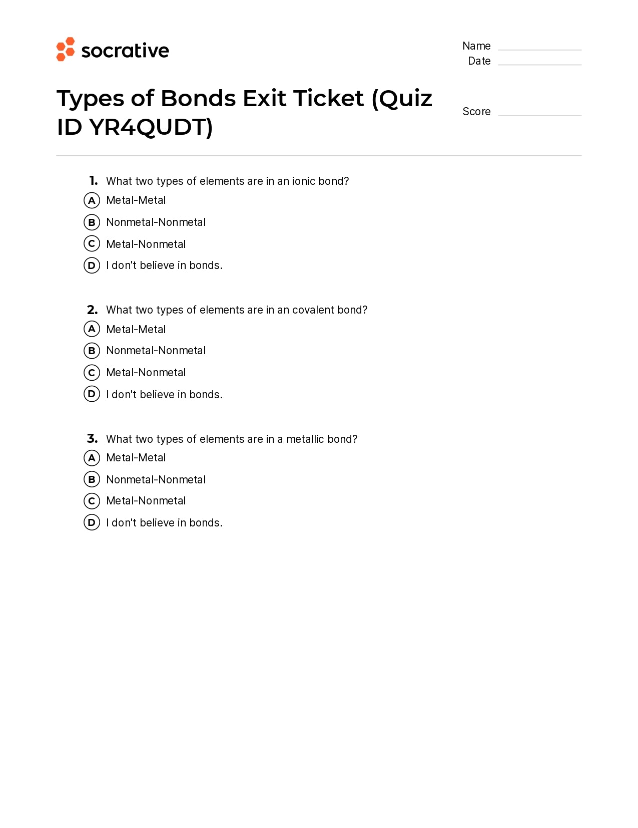 Types Of Bonds Exit Ticket