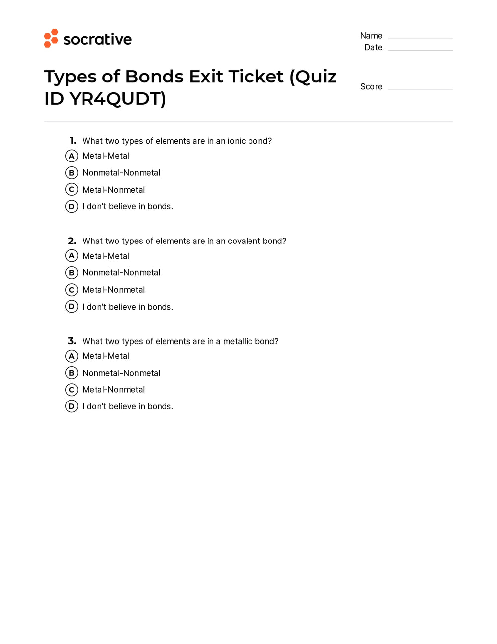 Types Of Bonds Exit Ticket Quiz Shop