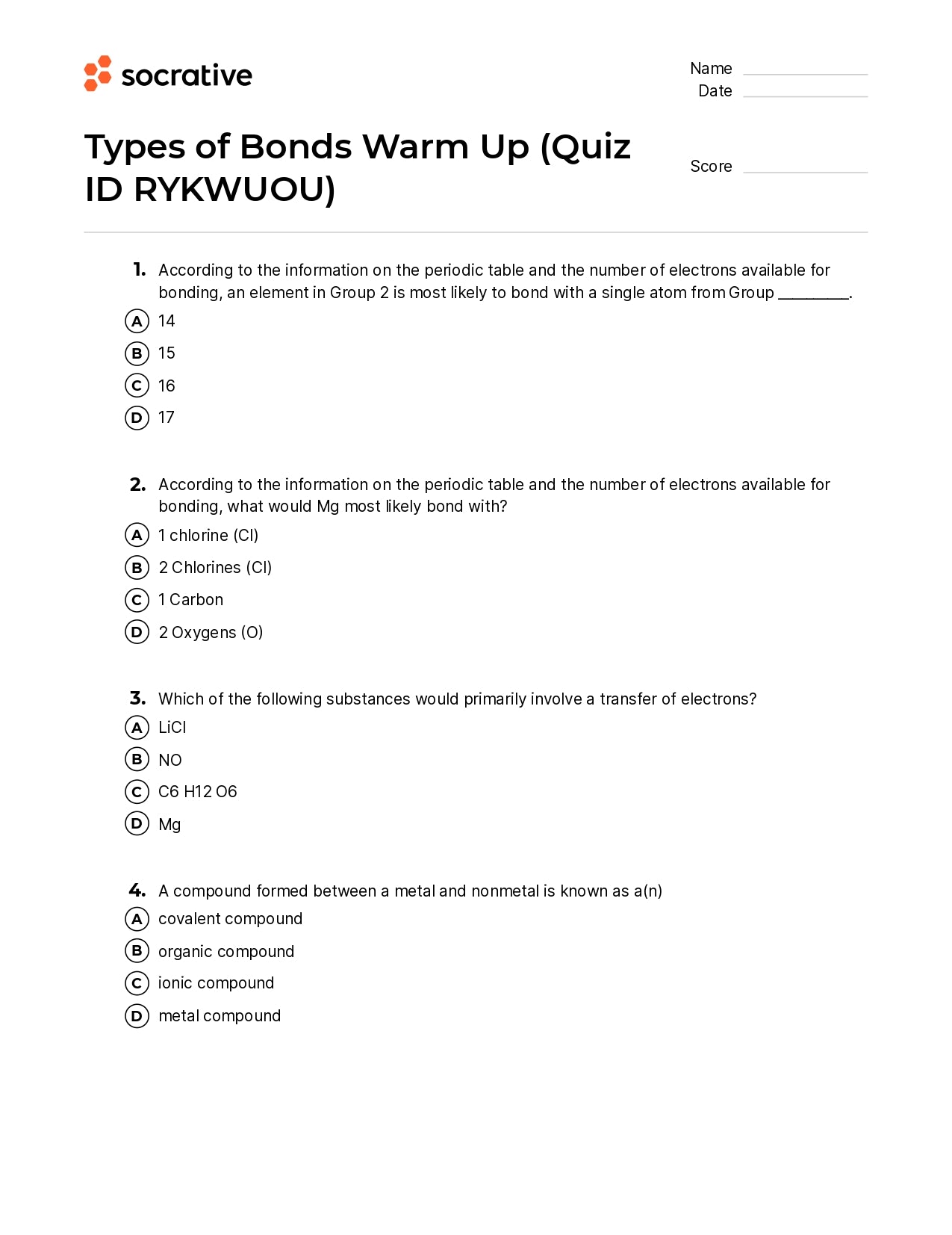Types Of Bonds Warm Up