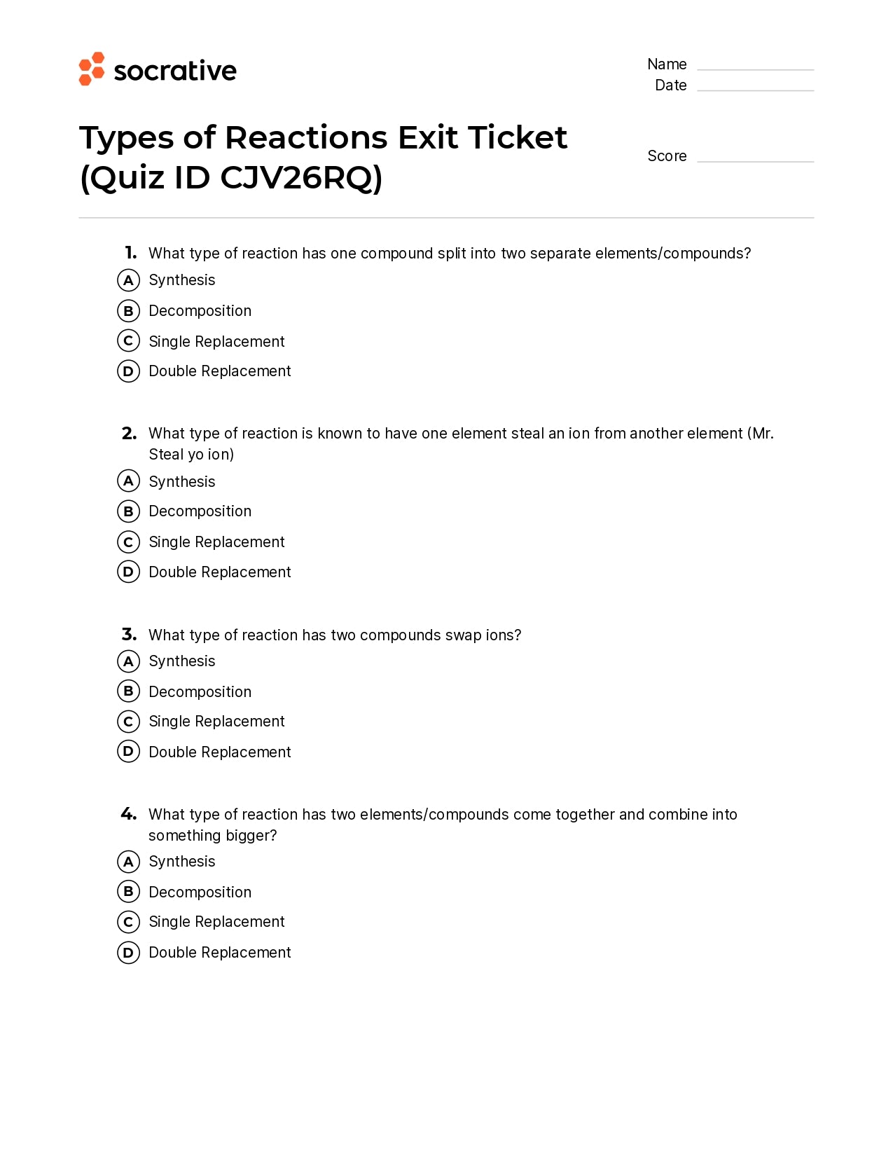 Types Of Reactions Exit Ticket