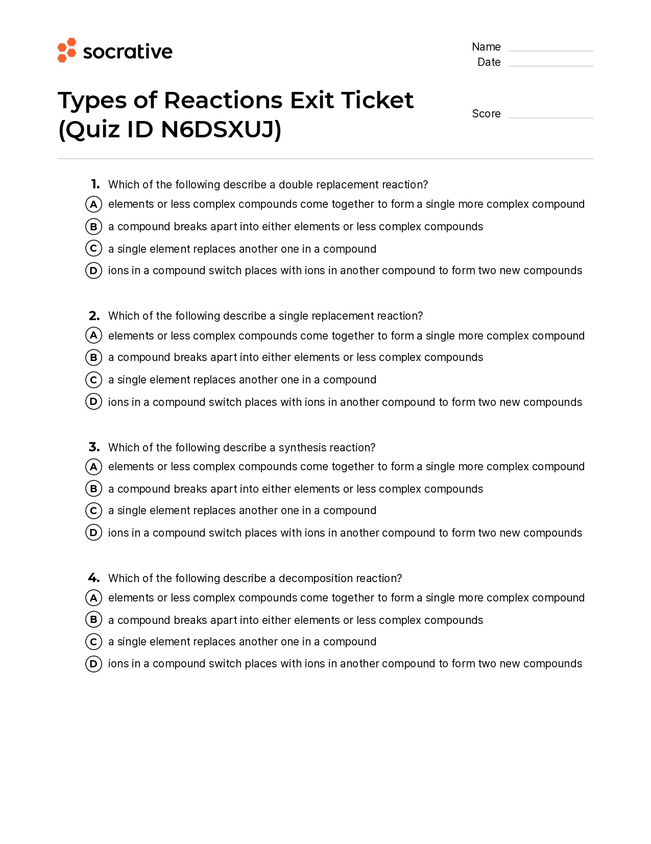 Types Of Reactions Exit Ticket