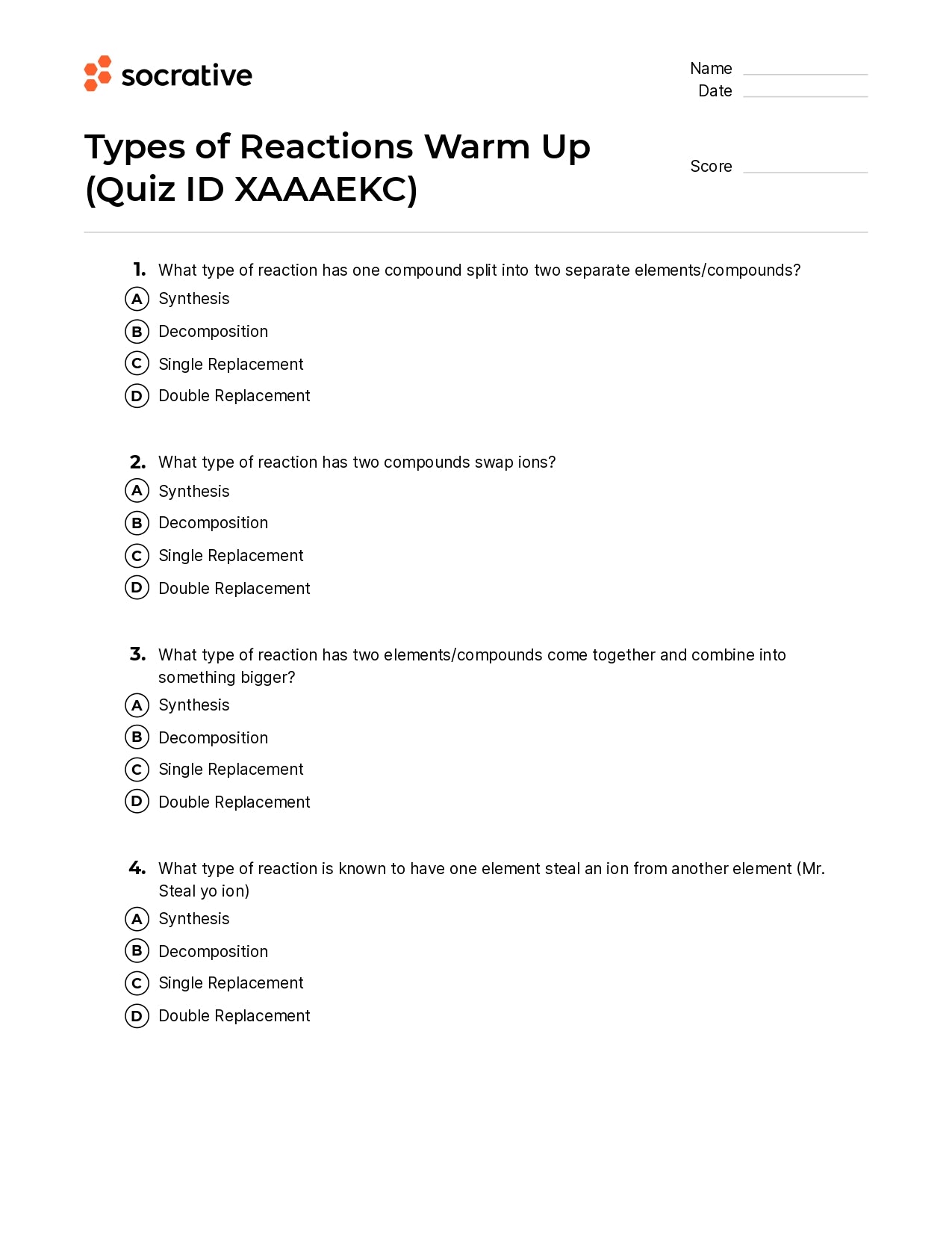 Types Of Reactions Warm Up