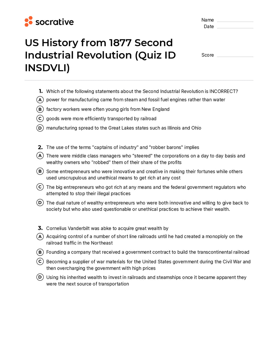 Us History From 1877 Second Industrial Revolution Quiz Shop