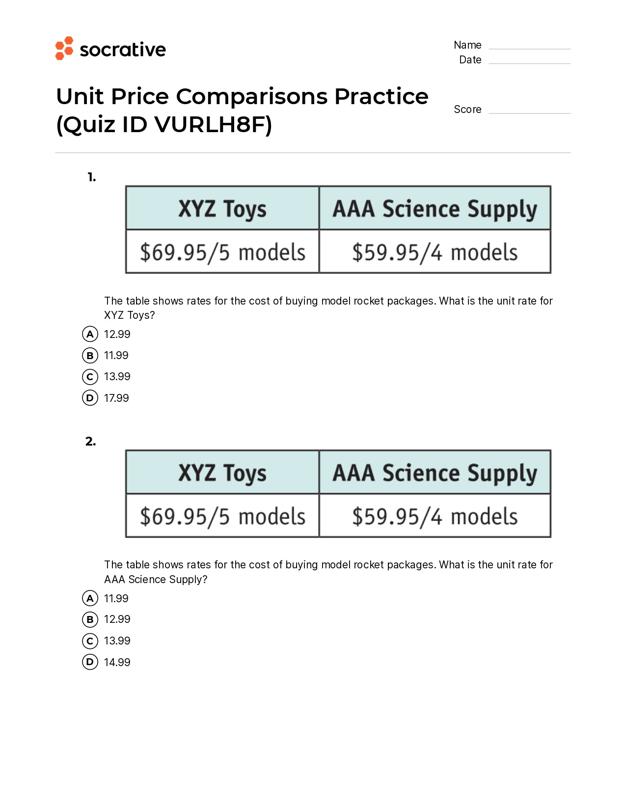 Unit Price Comparisons Practice