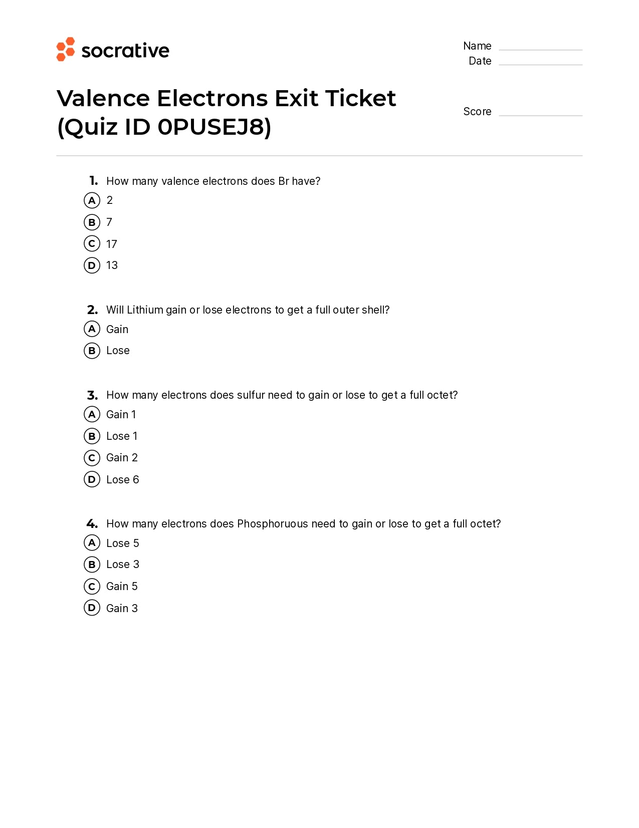 Valence Electrons Exit Ticket