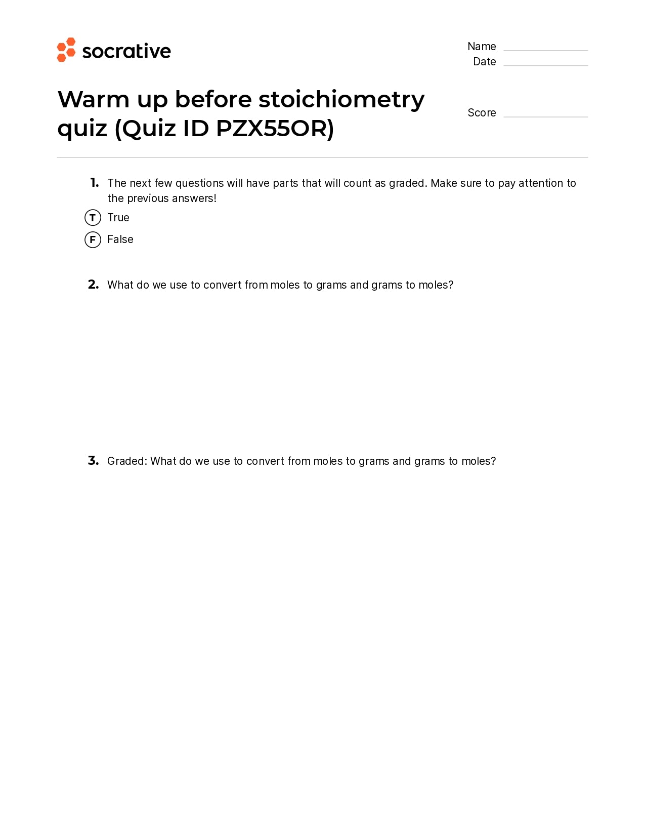 Warm Up Before Stoichiometry Quiz