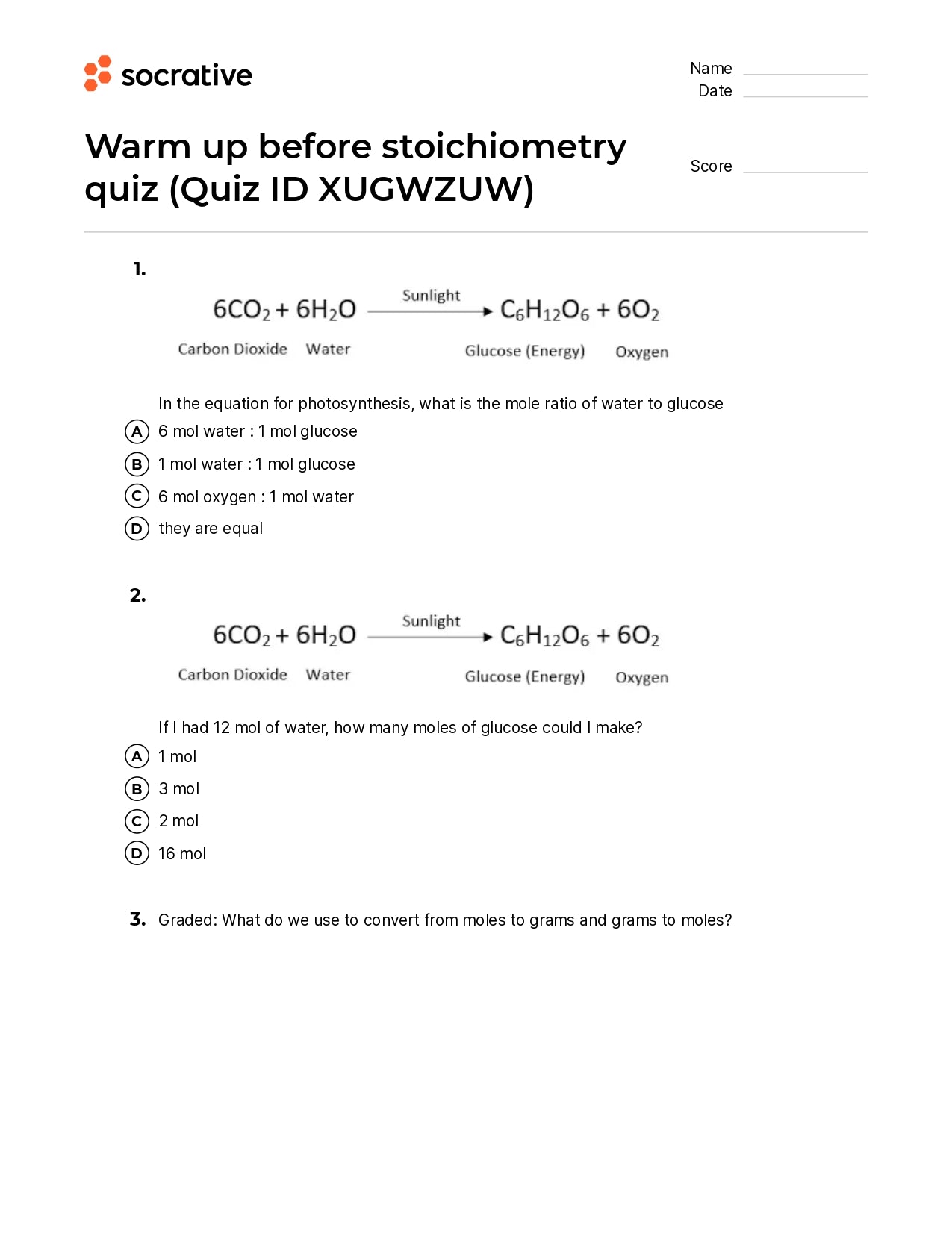 Warm Up Before Stoichiometry Quiz