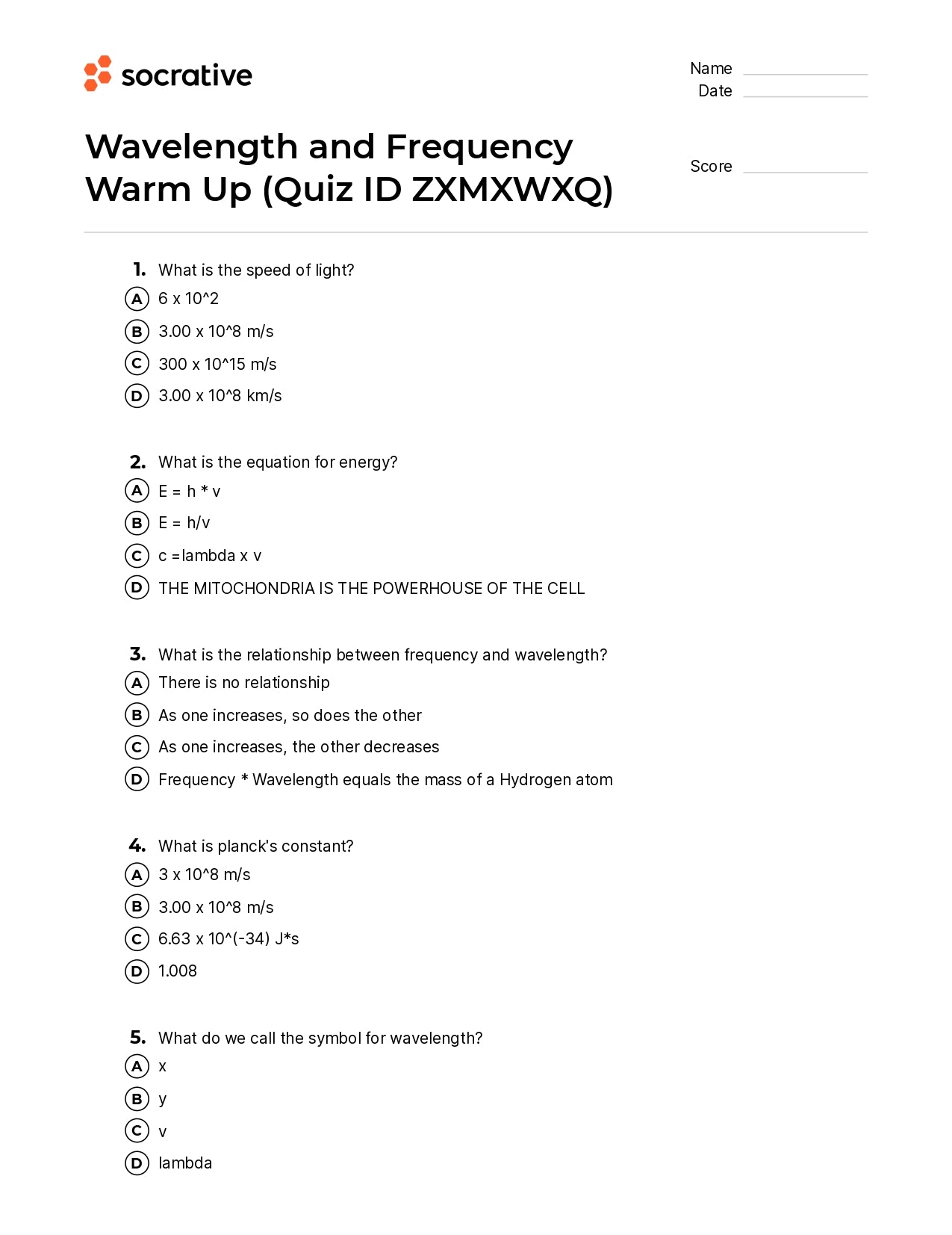 Wavelength And Frequency Warm Up