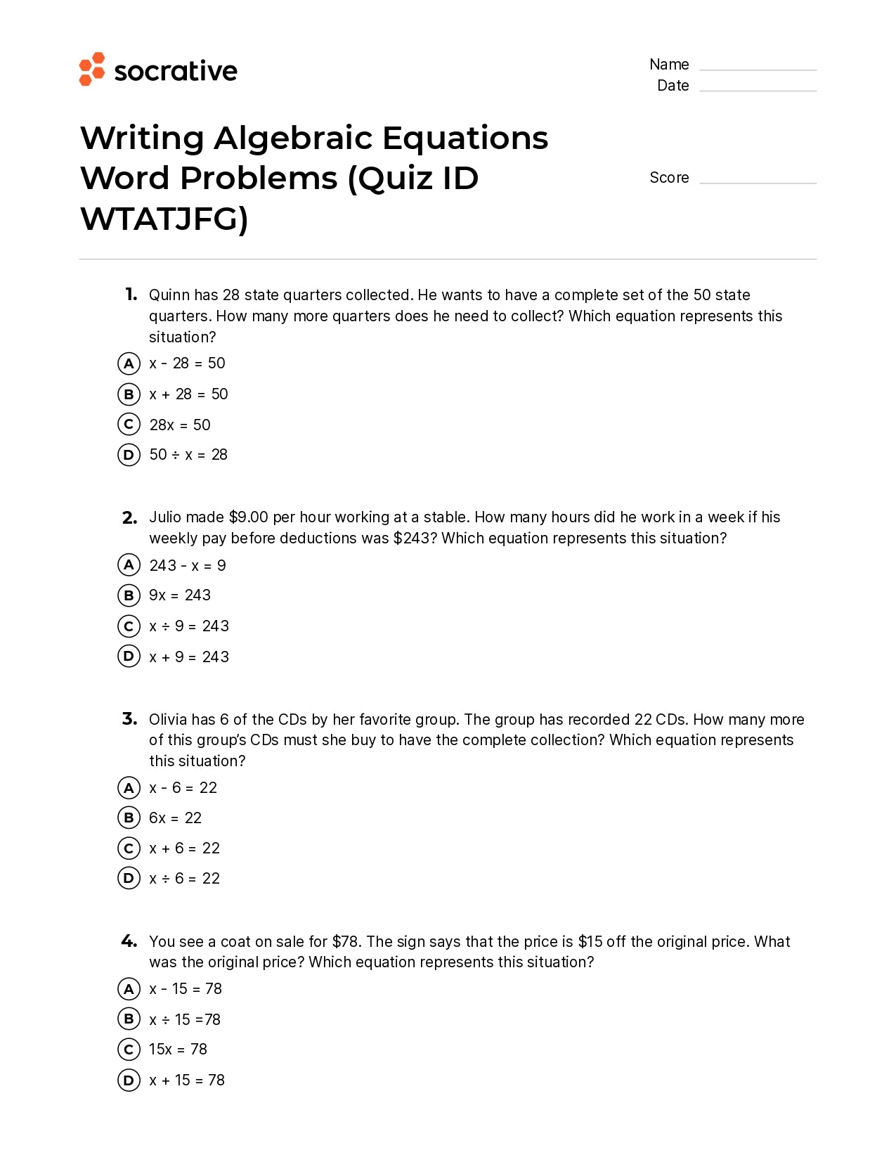 Algebraic Equations Word Problems Worksheet