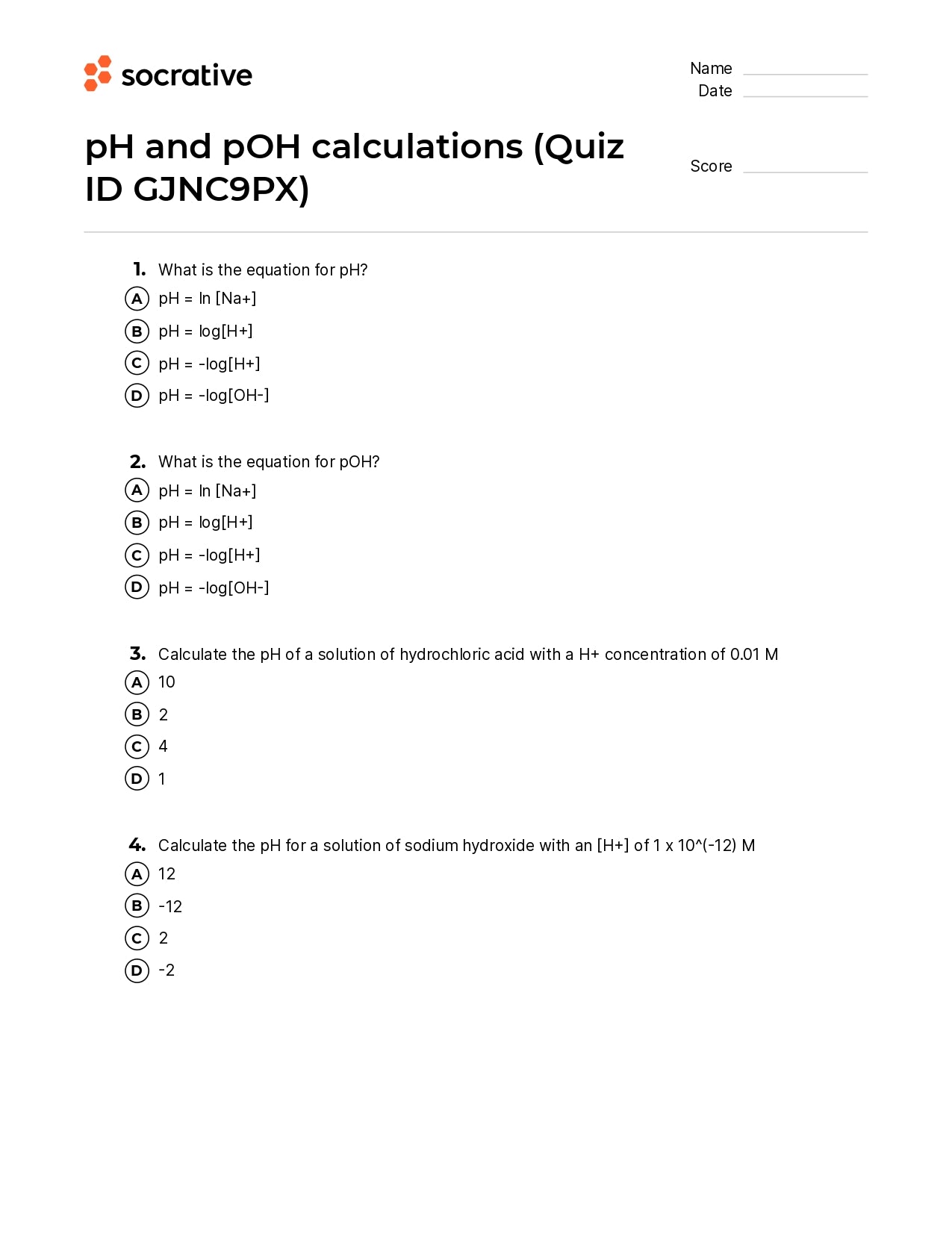 Ph And Poh Calculations